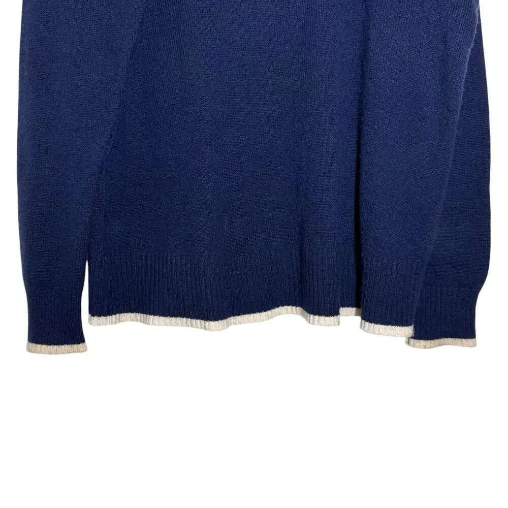 Veronica Beard Navy Blue Cream Trim Cashmere Preppy Cozy V Neck Sweater XS